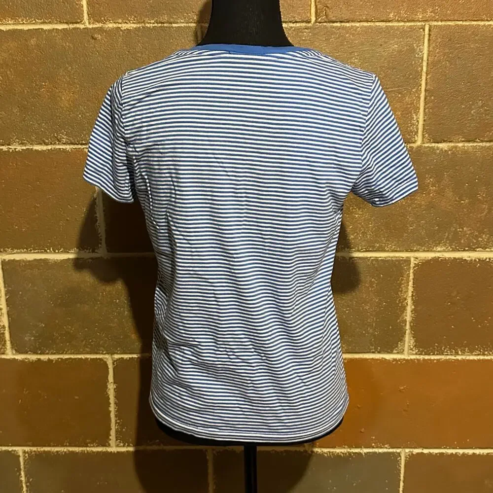 Ralph Lauren Girls Size L 12-14 Blue White Striped V-Neck T-Shirt Pink Pony